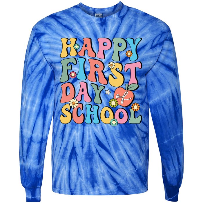 Happy First Day Of School Retro Groovy Teacher And Students Gift Tie-Dye Long Sleeve Shirt