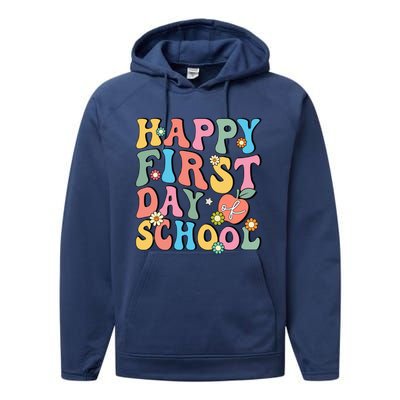 Happy First Day Of School Retro Groovy Teacher And Students Gift Performance Fleece Hoodie