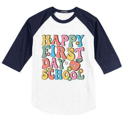 Happy First Day Of School Retro Groovy Teacher And Students Gift Baseball Sleeve Shirt