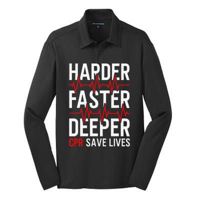 Harder Faster Deeper CPR Funny EMT EMS Paramedic Silk Touch Performance Long Sleeve Polo