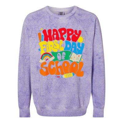 Happy First Day Of School Retro Teacher Funny Back To School Colorblast Crewneck Sweatshirt