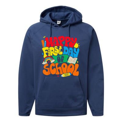 Happy First Day Of School Retro Teacher Funny Back To School Performance Fleece Hoodie