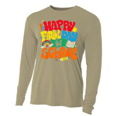 Happy First Day Of School Retro Teacher Funny Back To School Cooling Performance Long Sleeve Crew