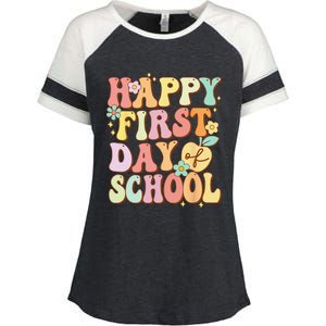 Happy First Day Of School Teachers Back To School Love Enza Ladies Jersey Colorblock Tee