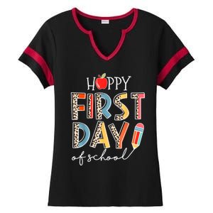 Happy First Day Of School Leopard Back To School Teacher Ladies Halftime Notch Neck Tee