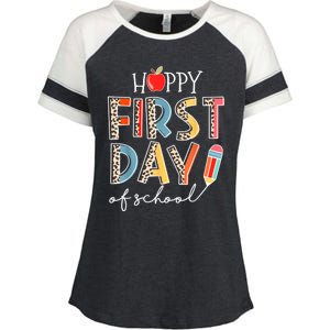 Happy First Day Of School Leopard Back To School Teacher Enza Ladies Jersey Colorblock Tee