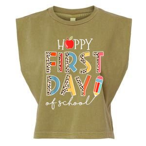 Happy First Day Of School Leopard Back To School Teacher Garment-Dyed Women's Muscle Tee