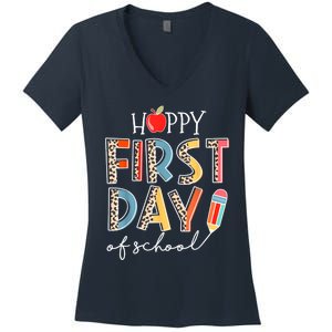 Happy First Day Of School Leopard Back To School Teacher Women's V-Neck T-Shirt