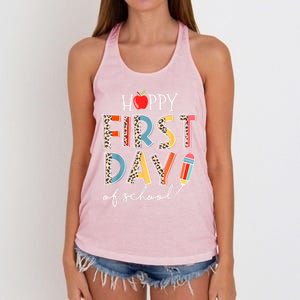 Happy First Day Of School Leopard Back To School Teacher Women's Knotted Racerback Tank