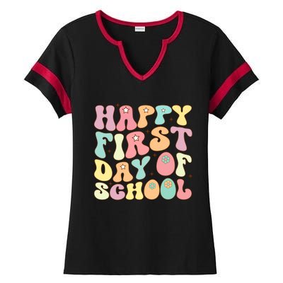 Happy First Day Of School Teacher Back To School Student Cool Gift Ladies Halftime Notch Neck Tee