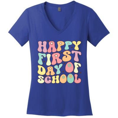 Happy First Day Of School Teacher Back To School Student Cool Gift Women's V-Neck T-Shirt