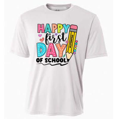 Happy First Day Of School Teacher Pencil Cooling Performance Crew T-Shirt