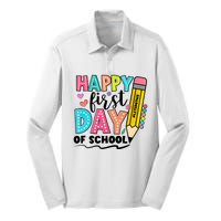 Happy First Day Of School Teacher Pencil Silk Touch Performance Long Sleeve Polo