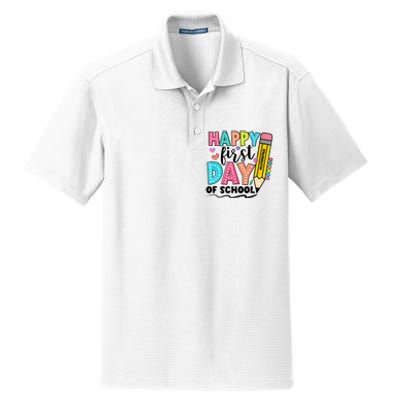 Happy First Day Of School Teacher Pencil Dry Zone Grid Polo