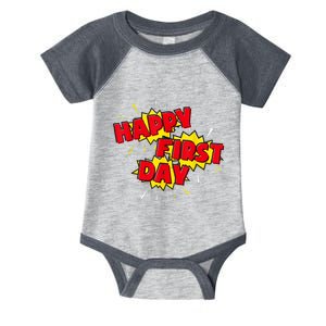 Happy First Day Of School Superhero Comic Book Style Infant Baby Jersey Bodysuit