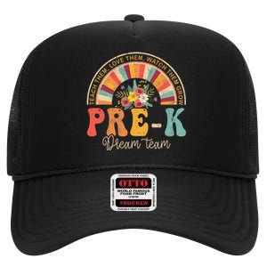 Happy First Day PreK Team Teacher 60s 70s Hippie Retro High Crown Mesh Back Trucker Hat