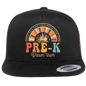 Happy First Day PreK Team Teacher 60s 70s Hippie Retro Flat Bill Trucker Hat