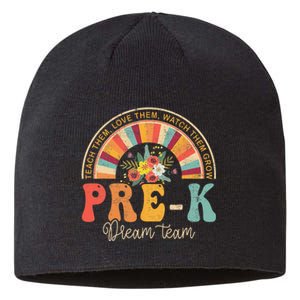 Happy First Day PreK Team Teacher 60s 70s Hippie Retro Sustainable Beanie