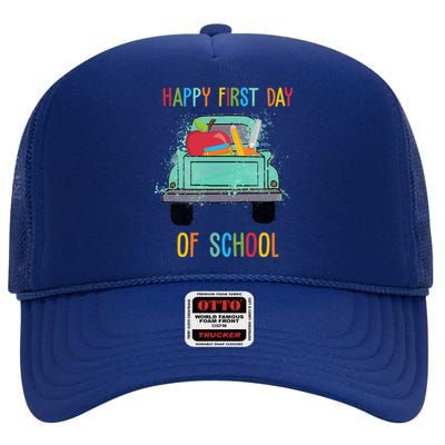 Happy First Day Of School Learning Truck High Crown Mesh Back Trucker Hat