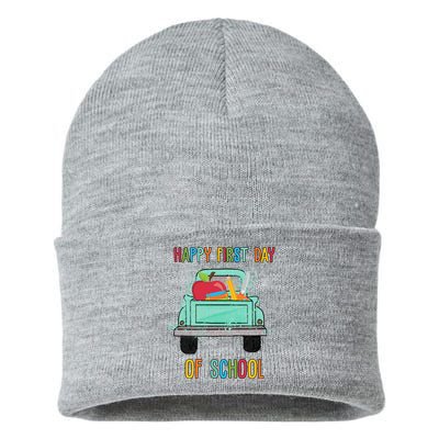 Happy First Day Of School Learning Truck Sustainable Knit Beanie