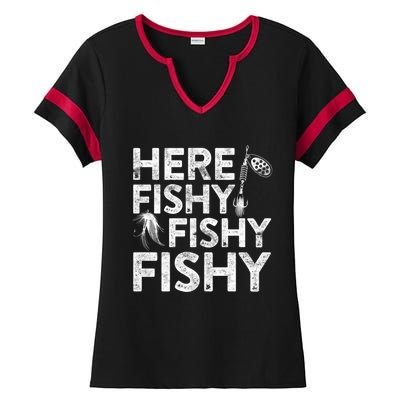 Here Fishy Fishy Fishy Hoodie Fisherman Gift Ladies Halftime Notch Neck Tee