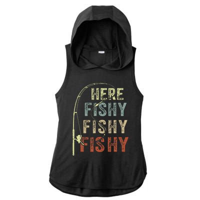 Here Fishy Fishing Bass Dad Women Kids Funny Ladies PosiCharge Tri-Blend Wicking Draft Hoodie Tank