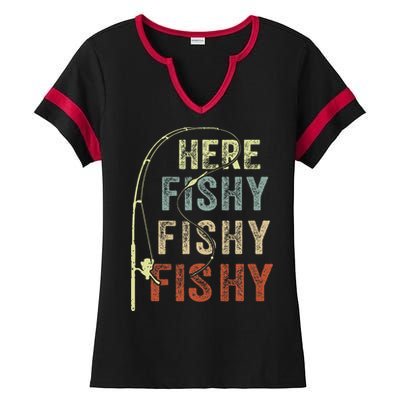 Here Fishy Fishing Bass Dad Women Kids Funny Ladies Halftime Notch Neck Tee