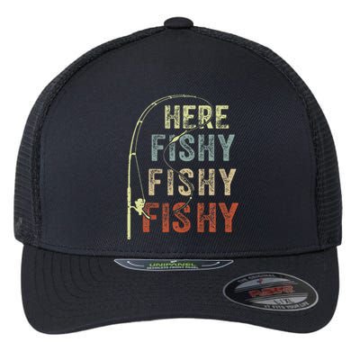 Here Fishy Fishing Bass Dad Women Kids Funny Flexfit Unipanel Trucker Cap