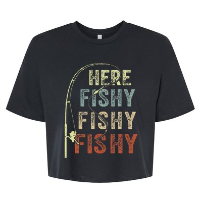 Here Fishy Fishing Bass Dad Women Kids Funny Bella+Canvas Jersey Crop Tee