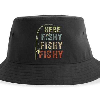 Here Fishy Fishing Bass Dad Women Kids Funny Sustainable Bucket Hat