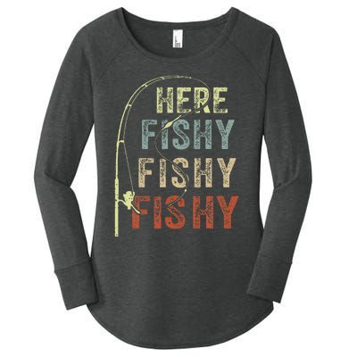 Here Fishy Fishing Bass Dad Women Kids Funny Women's Perfect Tri Tunic Long Sleeve Shirt