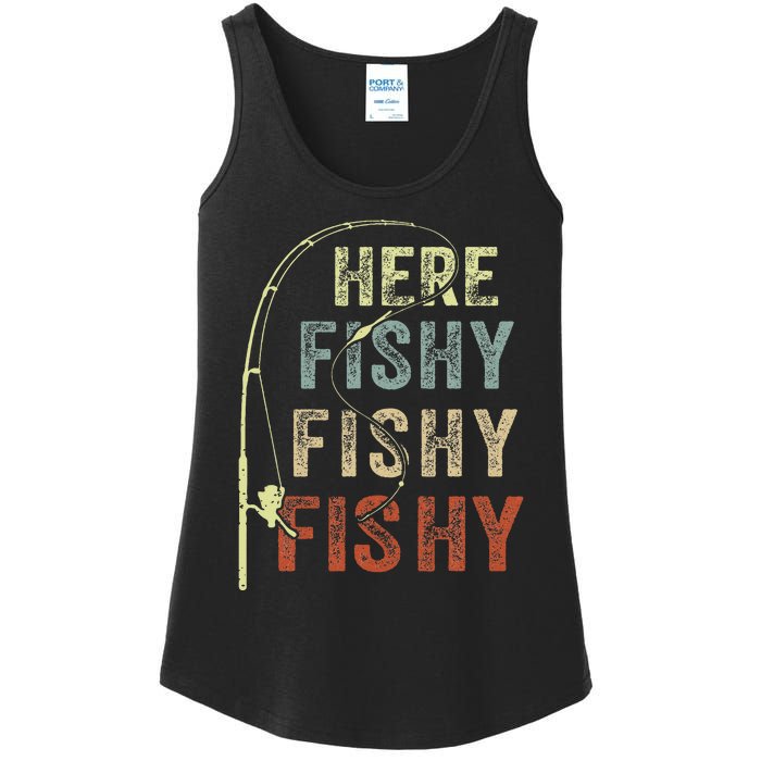 Here Fishy Fishing Bass Dad Women Kids Funny Ladies Essential Tank