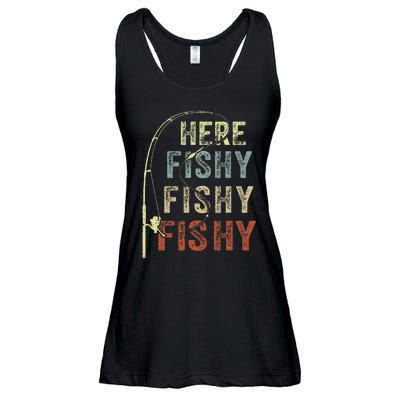 Here Fishy Fishing Bass Dad Women Kids Funny Ladies Essential Flowy Tank