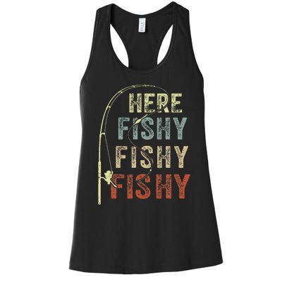 Here Fishy Fishing Bass Dad Women Kids Funny Women's Racerback Tank