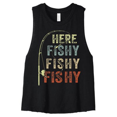 Here Fishy Fishing Bass Dad Women Kids Funny Women's Racerback Cropped Tank