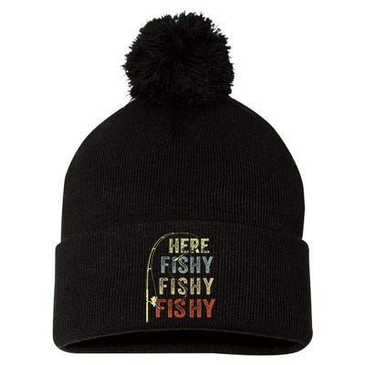 Here Fishy Fishing Bass Dad Women Kids Funny Pom Pom 12in Knit Beanie