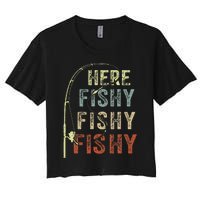 Here Fishy Fishing Bass Dad Women Kids Funny Women's Crop Top Tee