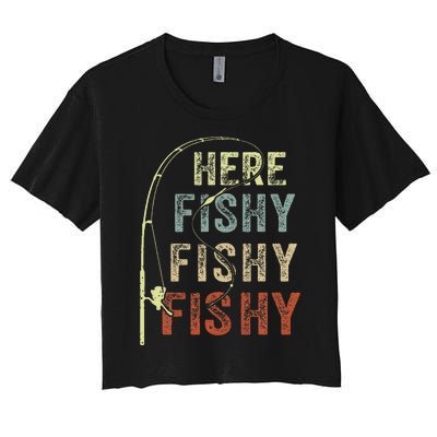 Here Fishy Fishing Bass Dad Women Kids Funny Women's Crop Top Tee