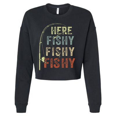 Here Fishy Fishing Bass Dad Women Kids Funny Cropped Pullover Crew