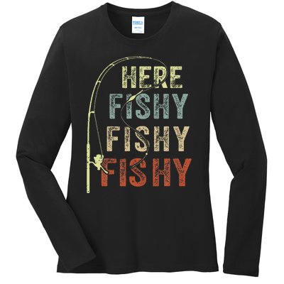 Here Fishy Fishing Bass Dad Women Kids Funny Ladies Long Sleeve Shirt