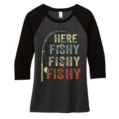 Here Fishy Fishing Bass Dad Women Kids Funny Women's Tri-Blend 3/4-Sleeve Raglan Shirt