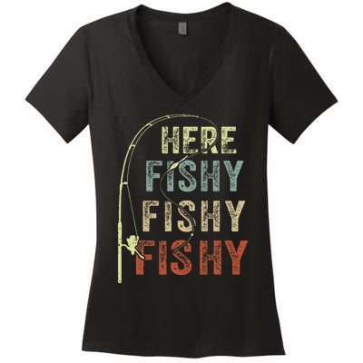 Here Fishy Fishing Bass Dad Women Kids Funny Women's V-Neck T-Shirt