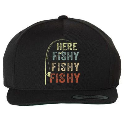 Here Fishy Fishing Bass Dad Women Kids Funny Wool Snapback Cap