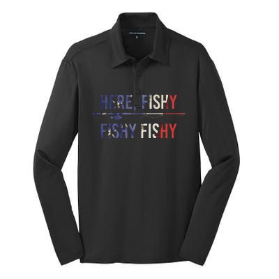 Here Fishy Fish Funny Angling Fishing Dad Fisherman Gift Silk Touch Performance Long Sleeve Polo