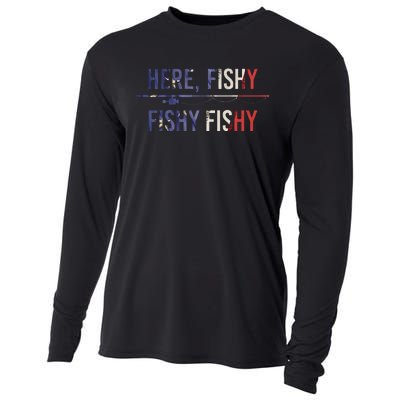 Here Fishy Fish Funny Angling Fishing Dad Fisherman Gift Cooling Performance Long Sleeve Crew