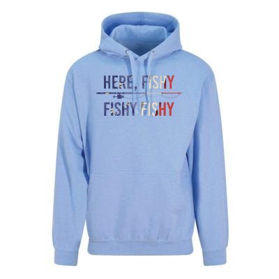 Here Fishy Fish Funny Angling Fishing Dad Fisherman Gift Unisex Surf Hoodie