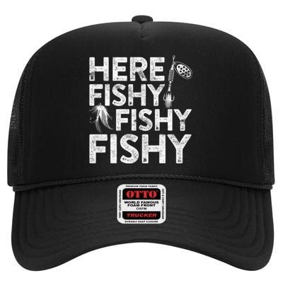 Here Fishy Fisherman Gift High Crown Mesh Back Trucker Hat