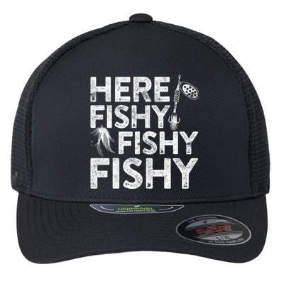 Here Fishy Fisherman Gift Flexfit Unipanel Trucker Cap