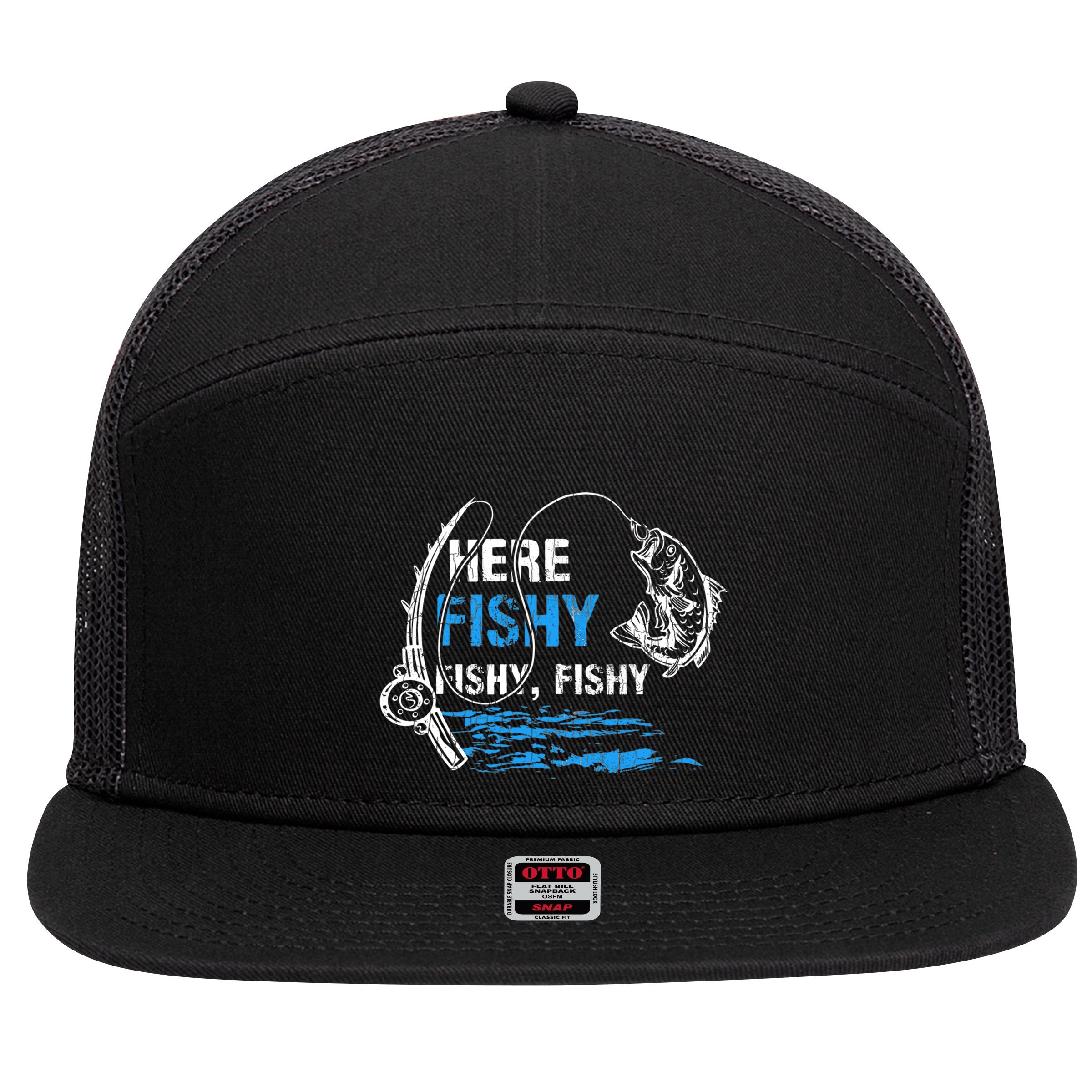 Here Fishy Funny Fishing Fishermen Fish Graphic 7 Panel Mesh Trucker Snapback Hat