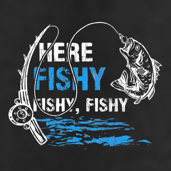 Here Fishy Funny Fishing Fishermen Fish Graphic 7 Panel Mesh Trucker Snapback Hat